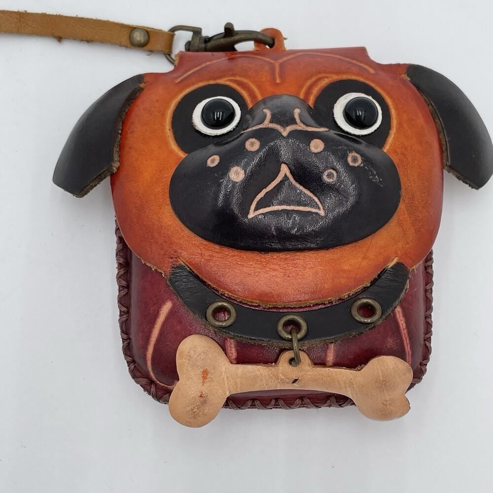 Dog Leather Wristlet Wallet Puppy Tooled Embossed Zip Coin Purse Pug Bulldog